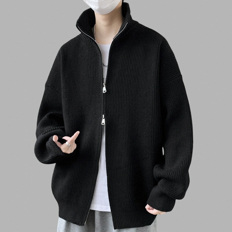 休閒夾克保暖外套-休閒針織雙拉鏈立領男外套2色74it83【米蘭精品】【獨家進口】