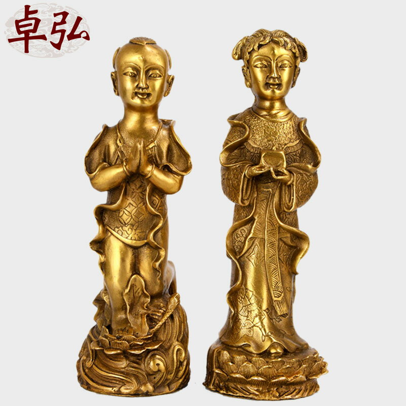 卓弘 銅佛像擺件金童玉女佛像一對家居擺設