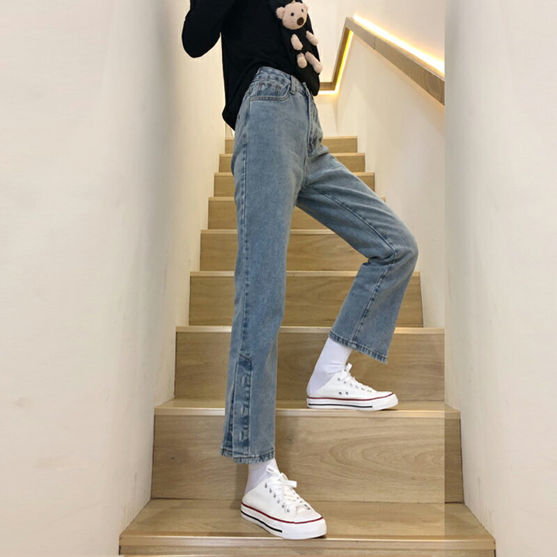 開叉牛仔褲女設計感高腰顯瘦寬松直筒褲子新款2021春秋爆款潮ins