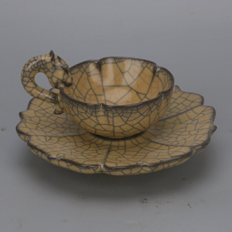 宋哥窯金絲鐵線黃釉盞 龍柄杯子 仿古舊貨鐵胎手工瓷器裝飾收藏
