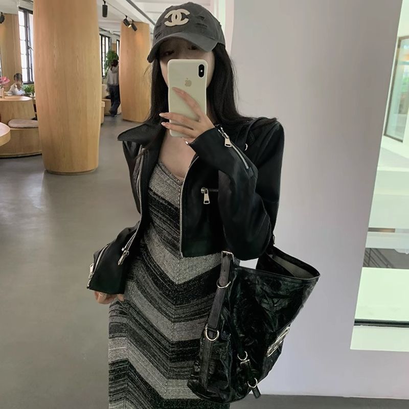 短款外套機車皮衣女長袖外套中性pu皮夾克美式復古甜酷潮春秋款