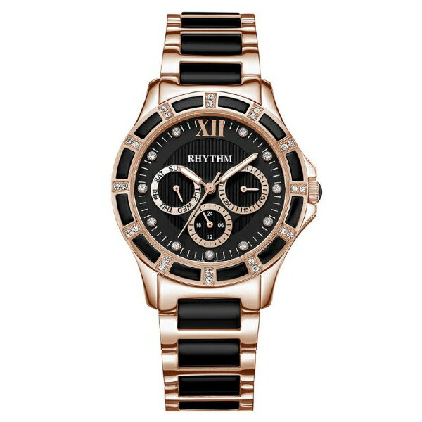 Rhythm 日本麗聲鐘時針 三眼設計陶瓷指針錶 (F1201T05) 黑x玫瑰金 45.5mm｜樂天全館特惠中★指定刷卡回饋10%
