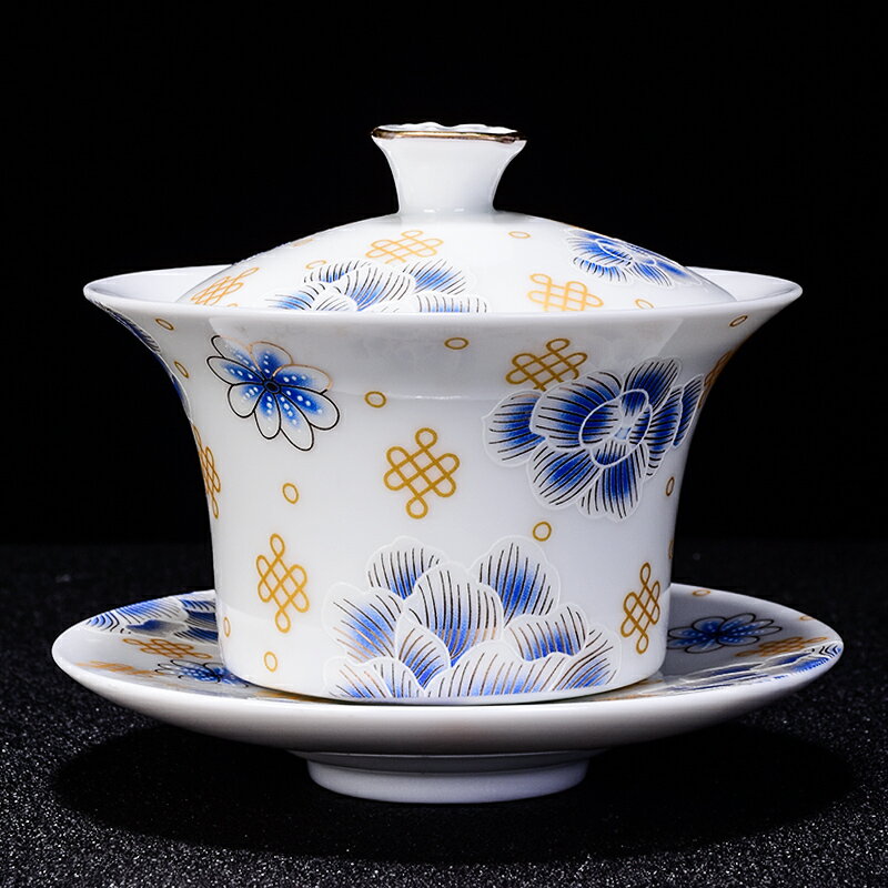 陶生活三才蓋碗茶杯手工家用功夫茶具泡茶碗大號白瓷蓋碗套裝單個1入