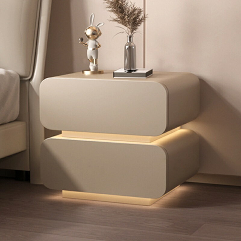 奶油風床頭櫃帶燈智能創意現代簡約臥室家用床邊懸浮實木收納柜子床頭櫃 收納櫃 儲物櫃 置物櫃