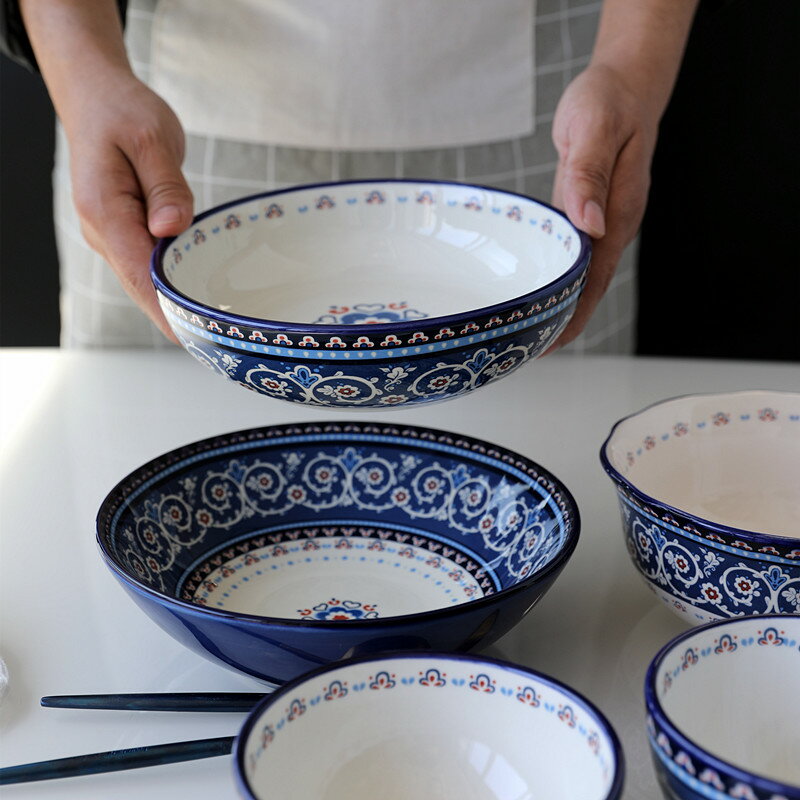 日式青花手繪陶瓷餐具米飯碗湯碗面碗家用菜盤子餃子盤拉面碗