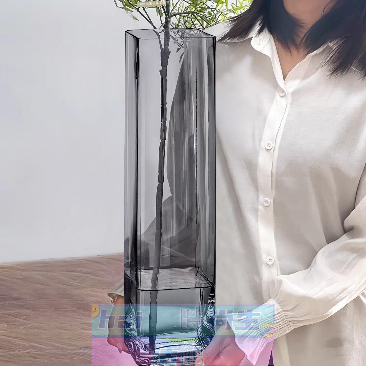 免運 可開發票 玻璃花瓶 大號落地煙灰色花瓶玻璃透明馬醉木吊鐘高款插花長枝客廳擺件超高