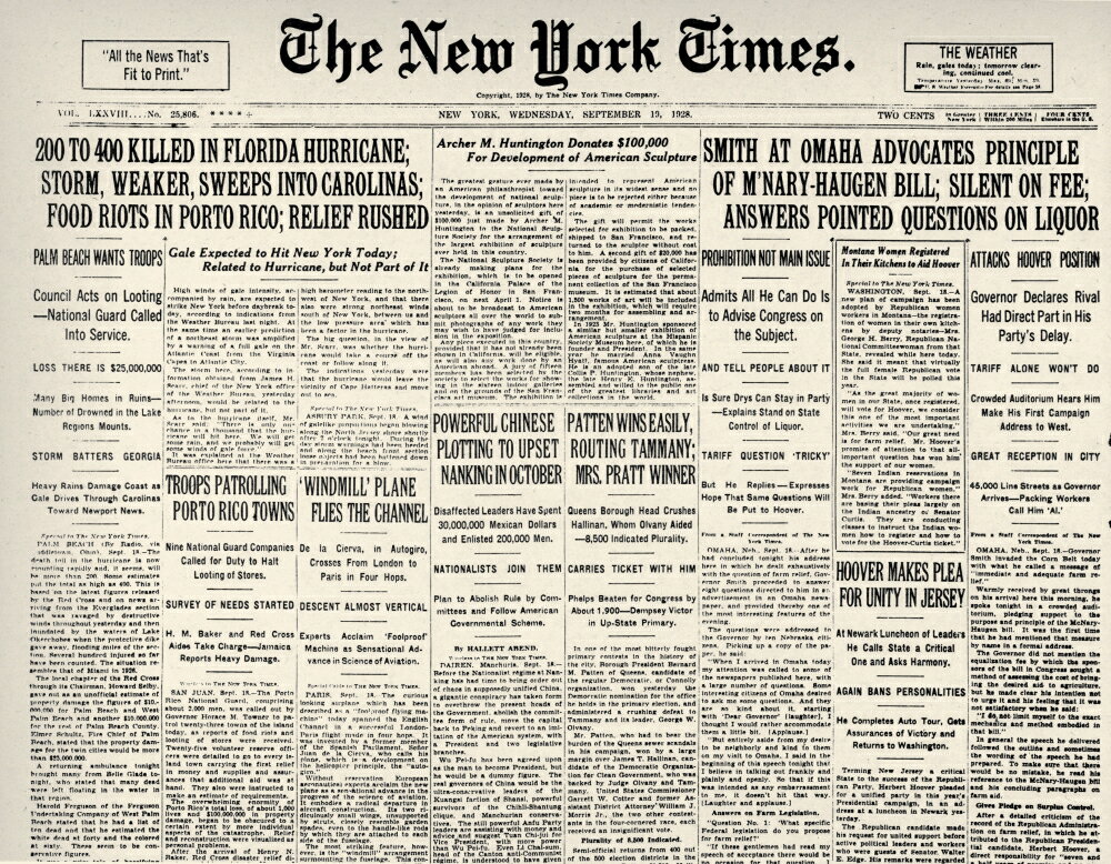 Posterazzi: Weather Hurricanes Nthe Front Page Of The New York Times Of ...