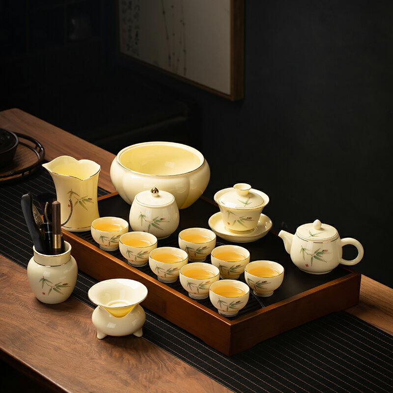 高檔羊脂玉茶具套裝黃寶石陶瓷泡茶蓋碗茶壺客廳家用辦公功夫茶杯 全館免運