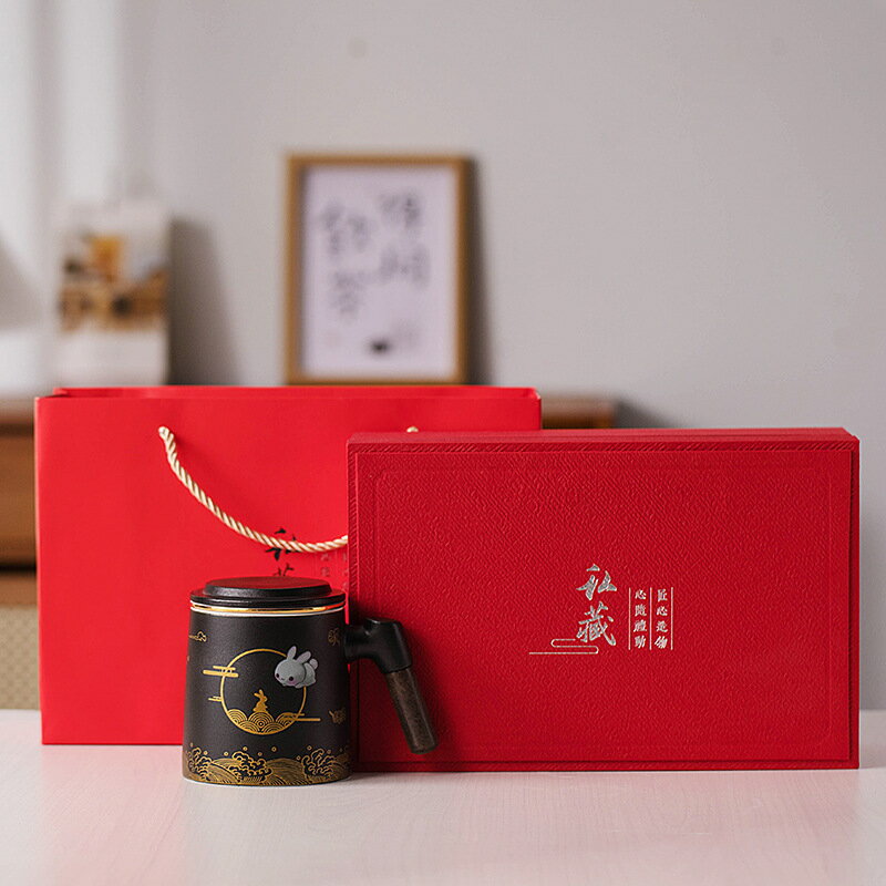 中秋玉兔陶瓷馬克杯茶水分離泡茶杯三件套辦公杯子印雕刻 0