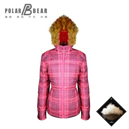 【POLAR BEAR】女格紋印花可拆毛帽可結合鴨絨衣