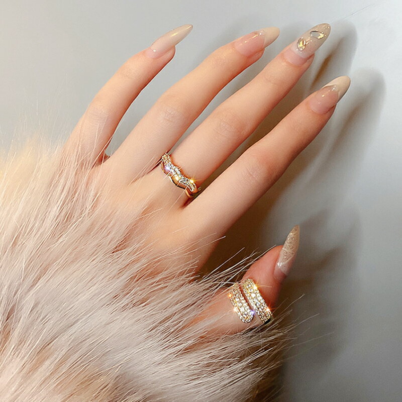 真金電鍍鑲鉆開口戒指歐美大氣文藝范時尚個性設計感指環尾戒女潮