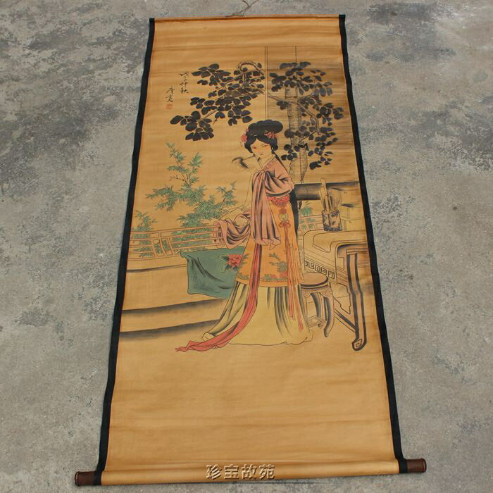 仿古名人字畫國畫人物卷軸畫站書女圖客廳書房辦公室中堂裝飾掛畫