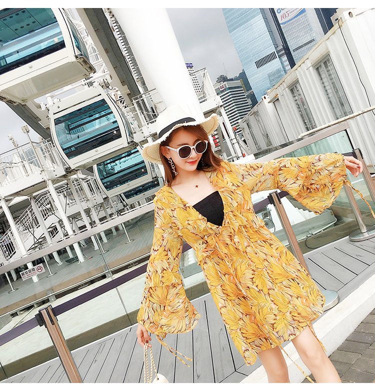 FINDSENSE G5 韓國時尚 夏季 黃 露背 碎花 雪纺 連身裙