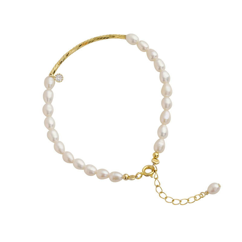純銀鍍14K金手鍊珍珠手環-米粒珍珠串珠鋯石女飾品74ar30【獨家進口】【米蘭精品】