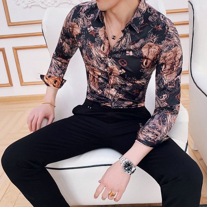 FINDSENSE 品牌 2019 春季 新款 大象 印花 修身 個性 社會 男青年 長袖 免燙 襯衫