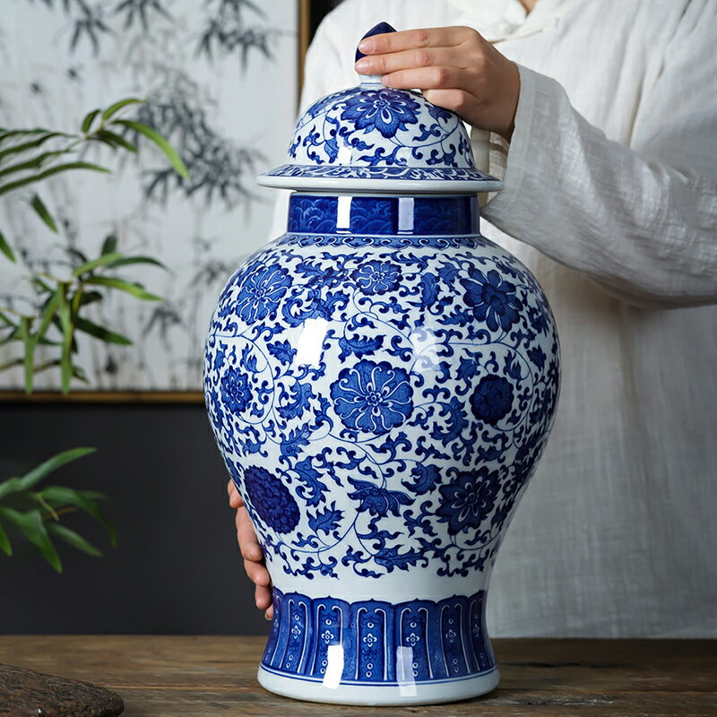 景德鎮陶瓷器青花瓷仿古將軍罐帶蓋大號儲物罐中式家居裝飾品擺件
