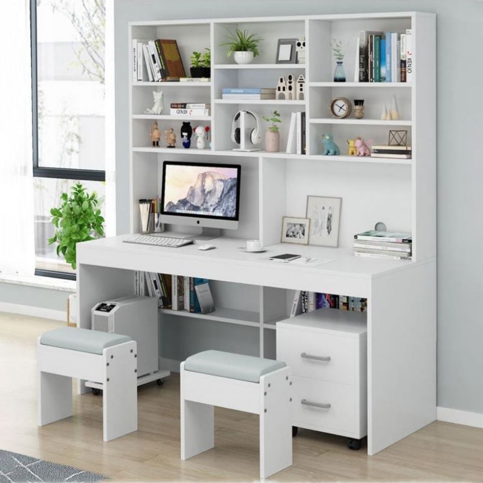 書桌書架組合家用雙人電腦桌臺式書櫃簡約辦公學生臥室桌