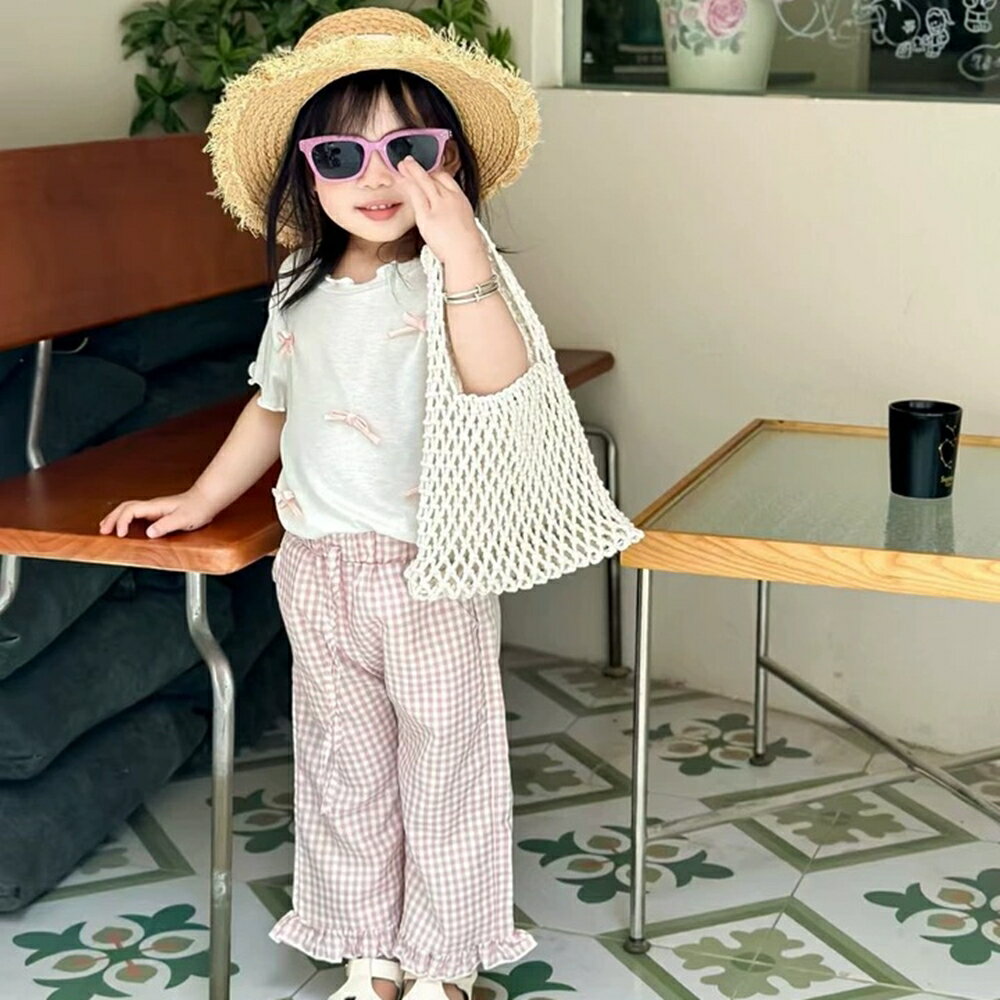 Baby童衣 兒童短袖套裝 女童夏季蝴蝶結上衣+粉格紋套裝 89119