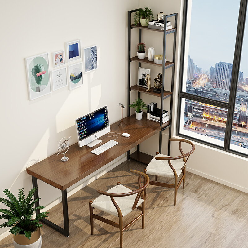 書桌書架一體式小型長條電腦桌家用臥室實木窄桌靠墻學習寫字桌子