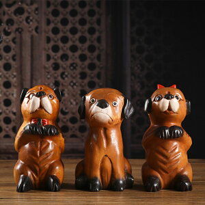 東南亞風格實木創意夫妻情侶小狗桌面擺件手工雕刻客廳復古裝飾品