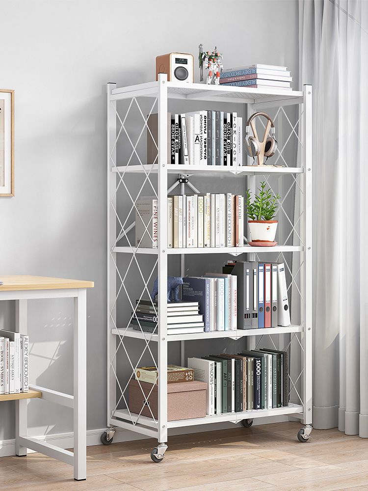 免安裝可移動書架鐵藝落地帶輪客廳折疊置物架臥室收納簡易小書柜