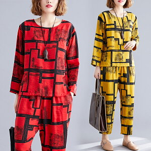 秋季新款韓版文藝復古時尚大碼女裝寬松棉麻印花長袖兩件套裝1入