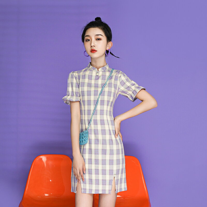 少女年輕款改良旗袍復古小個子女生日常可穿紫色格子短款連衣裙
