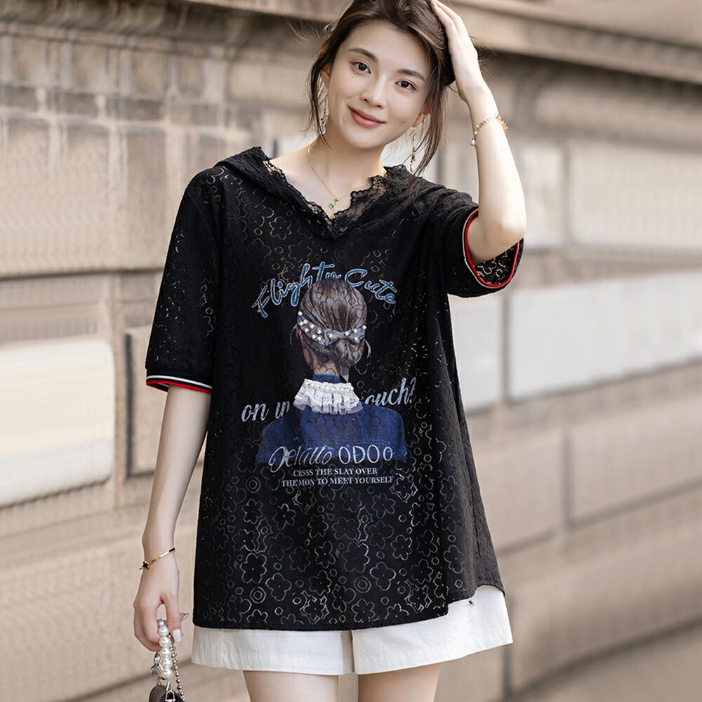 ＊ORead＊連帽短袖鏤空蕾絲上衣(黑色S~4XL)