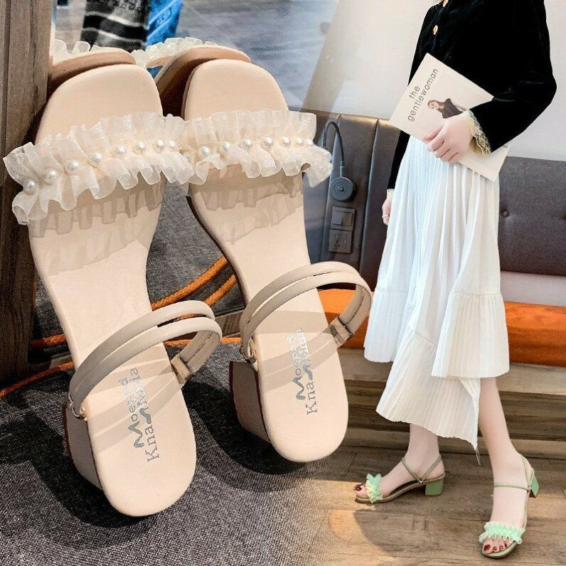 女鞋夏季新款珍珠涼鞋中跟粗跟法式少女高跟鞋兩穿水晶跟拖鞋