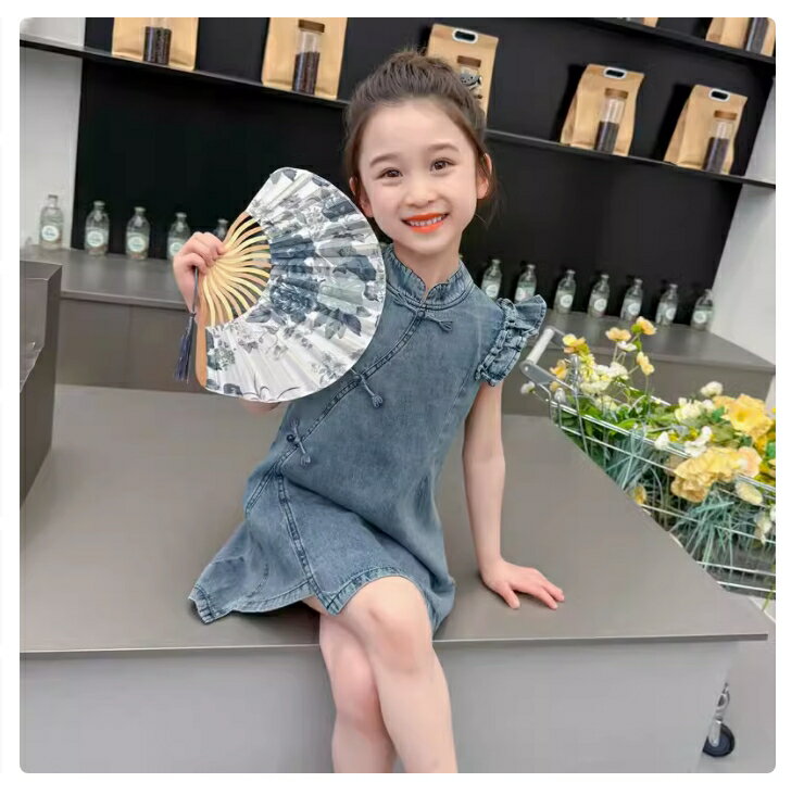 女童飛袖連衣裙夏季兒童中式旗袍裙女寶寶時尚牛仔裙【步行者戶外生活館】