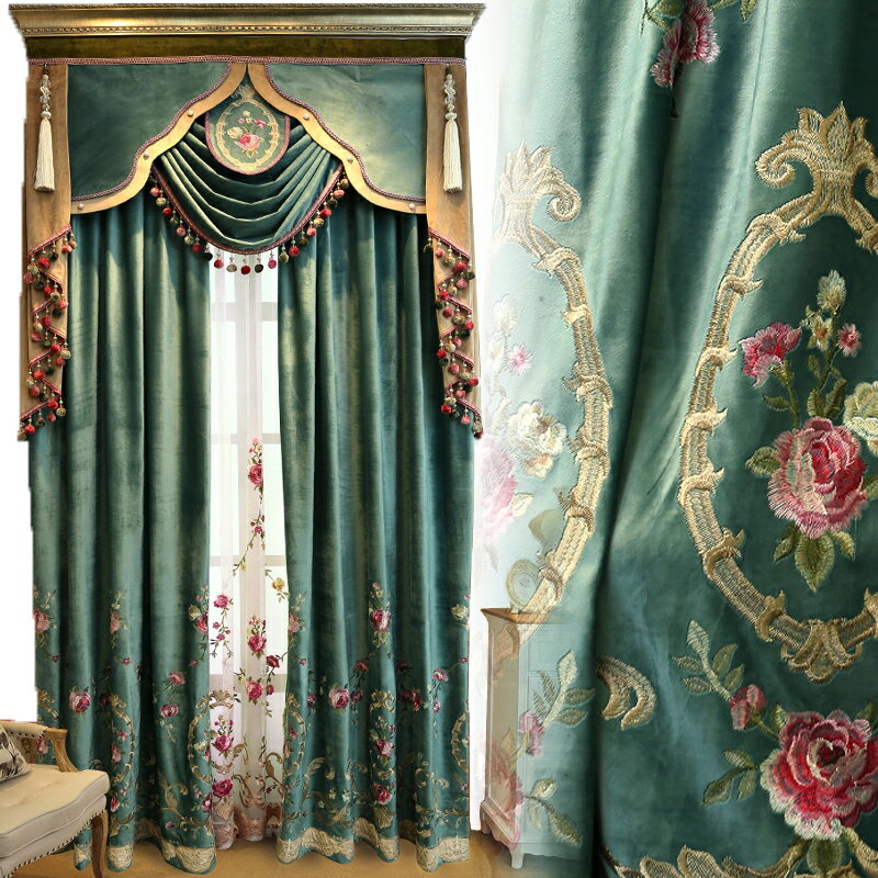 定制高檔歐式全遮光絲絨繡花美式田園客廳臥室窗簾布新款天鵝絨綠