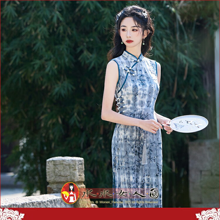 少女長款無袖旗袍春夏新款中式提花改良文藝復古中國風連衣裙女洋裝顯瘦-花裹(藍色)-水水女人國