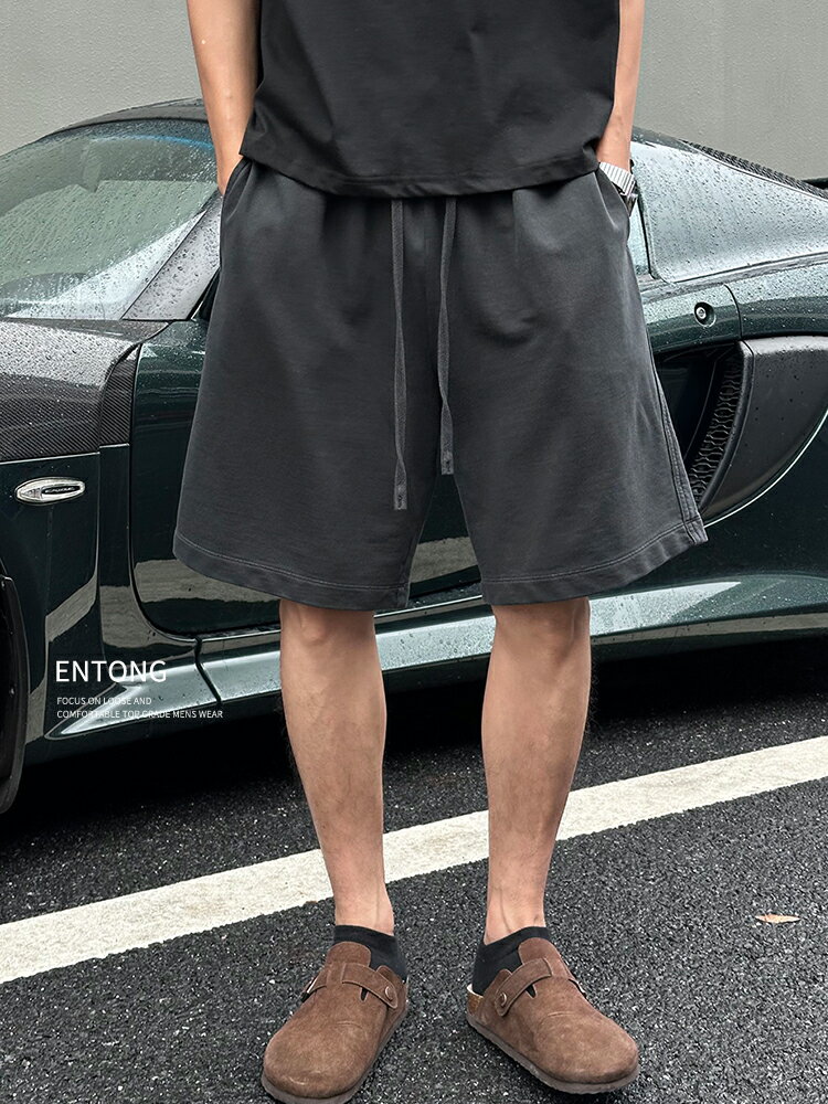 Entong美式潮牌重磅水洗休閒短褲男夏季薄款大碼寬鬆運動五分褲子