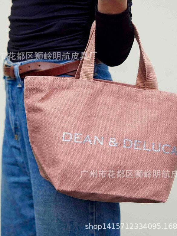 dean&deluca休閒百搭帆布包字母帶亮粉簡約手提帆布包通用包