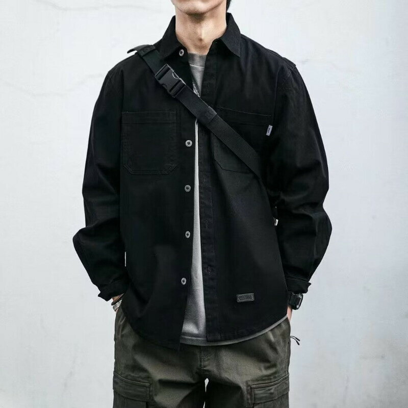 工裝襯衫男 日系復古工裝潮流長袖襯衫 抗皺耐磨多口袋工作襯衫 素色百搭 工作出行旅遊戶外 襯衫男