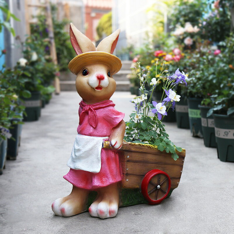 花園卡通兔子擺件 大號落地庭院戶外裝飾園林 幼兒園創意花盆樹脂