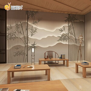 新中式竹林山水壁畫古風仿真屏風客廳茶室裝飾墻紙采耳館前臺壁紙