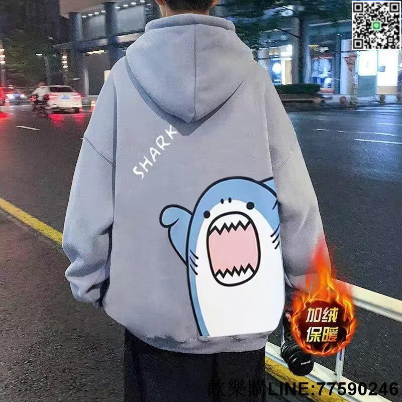 【歡樂購】M-8XL 鯊魚 加絨連帽衛 內刷毛 連帽大學T 男生加大碼帽T 男生長袖帽T 帽T 情侶 大學T 連帽長袖