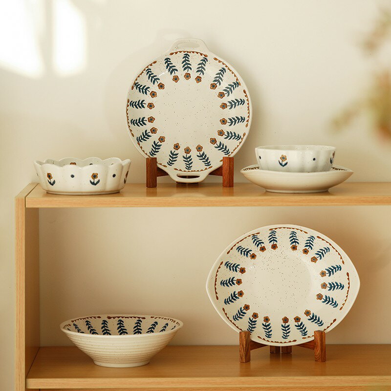 入畫 復古小花碗碟套裝 創意粗陶碗盤組合家用陶瓷餐具一人食