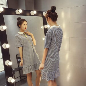 FINDSENSE G5 韓國時尚 夏裝 學生 寬鬆 條紋 短袖 連身裙 魚尾裙