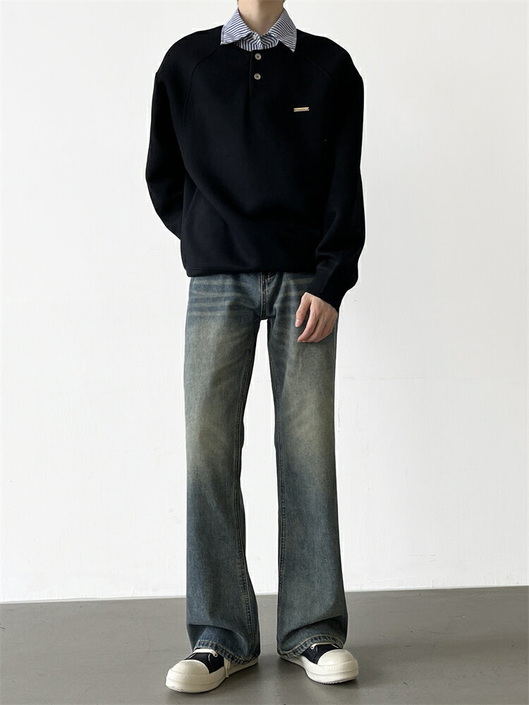 春季水洗復古藍微喇牛仔褲男ins潮流直筒寬鬆休閒長褲垂感拖地褲