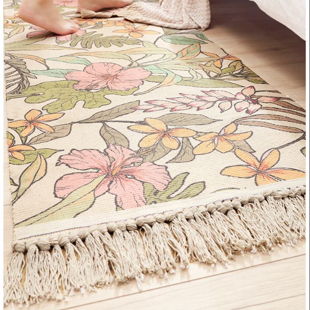 簡約北歐手工編織流蘇純棉地墊地毯 ins長條家用臥室防滑床邊地毯腳墊