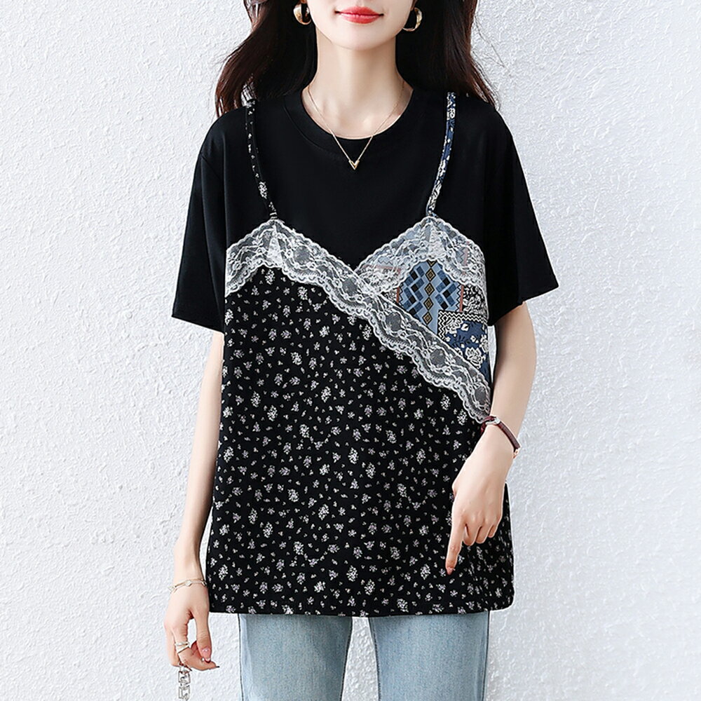 ＊ORead＊碎花蕾絲吊帶假兩件短袖休閒上衣(黑色L~5XL)