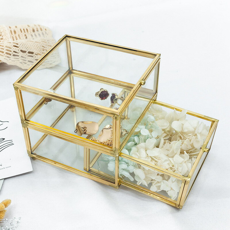 簡約抽屜式雙層玻璃首飾盒永生花禮盒飾品收納盒梳妝臺桌面整理盒