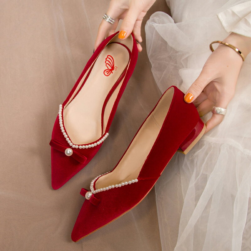 結婚鞋女新款粗跟秀禾服新娘鞋子中式孕婦紅色平底鞋婚鞋冬季