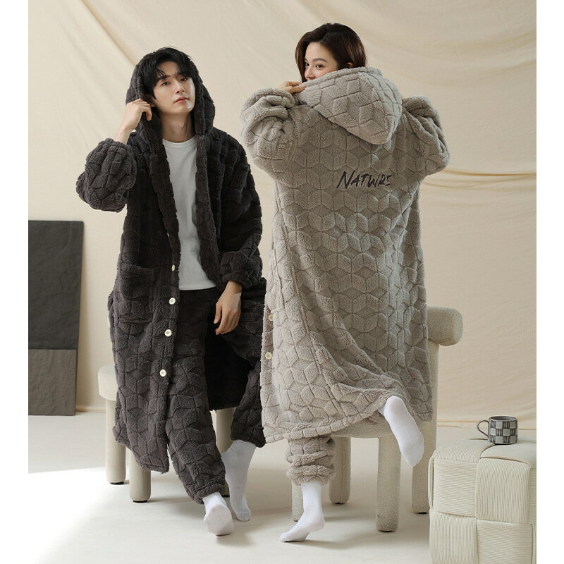 【巴黎精品】現貨+預購 男女居家睡衣套裝長袖休閒服秋冬睡袍睡褲-貴妃絨開衫長袍情侶男女休閒服2款w1ad82