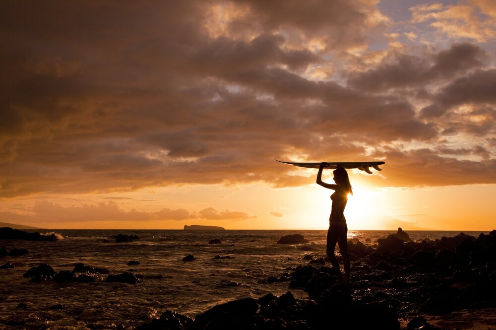 Posterazzi Hawaii Maui Makena Silhouette Of Surfer Girl At Sunset