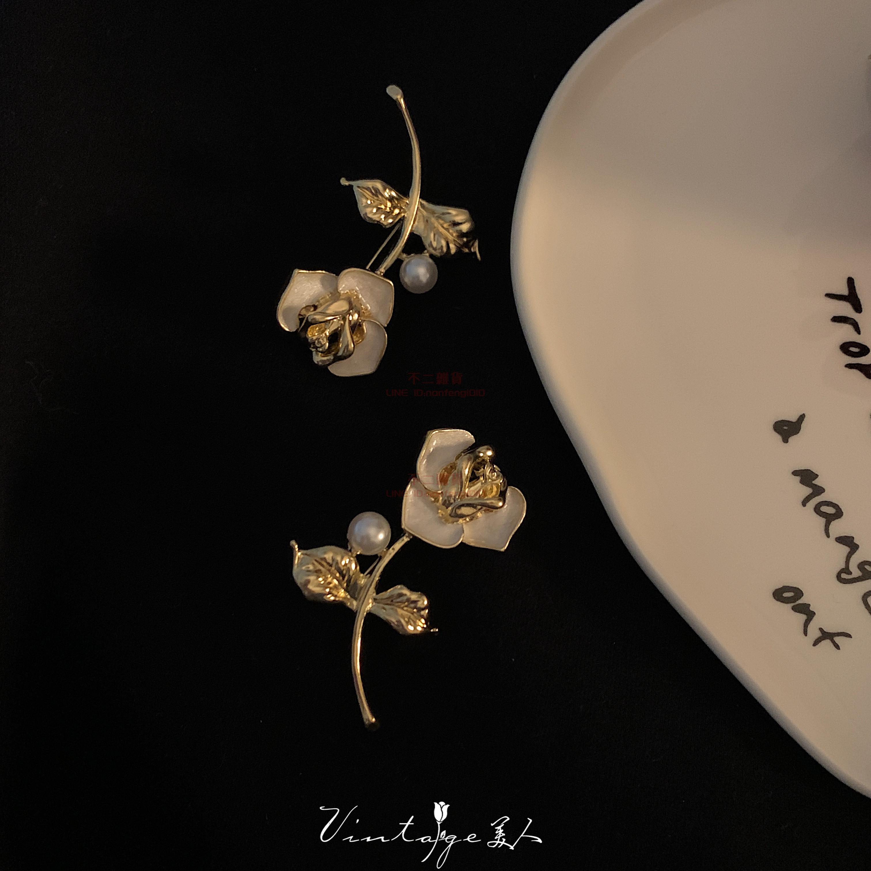 珍珠胸針 琺瑯彩 高級感復古法式設計滴釉金色玫瑰【不二雜貨】