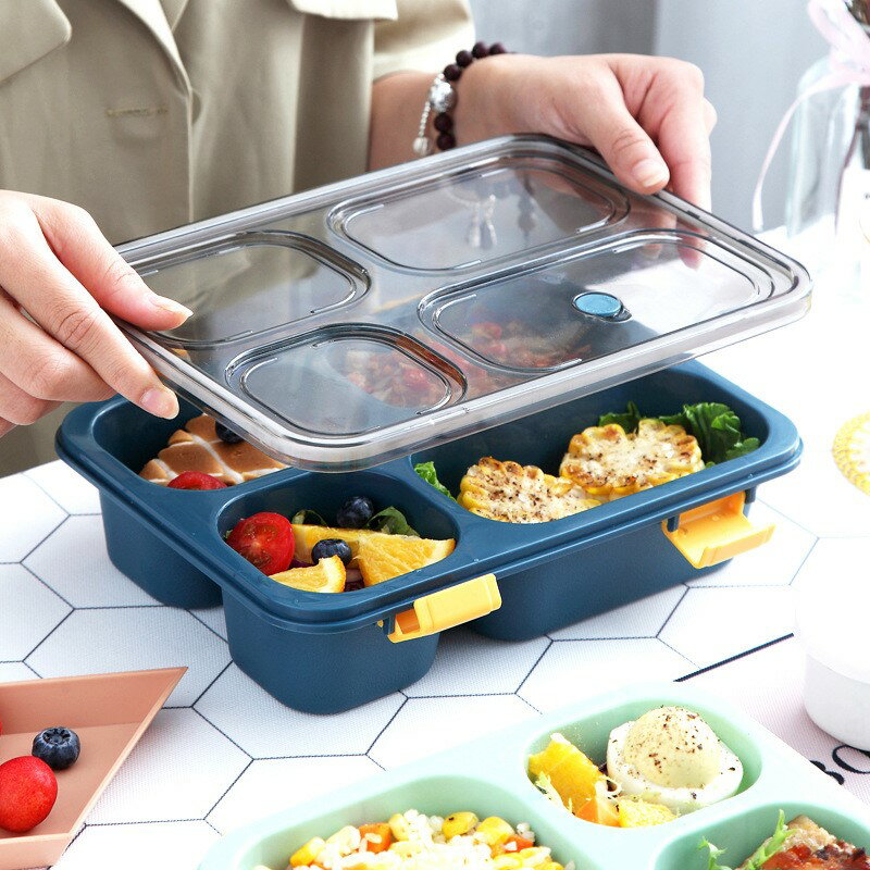 單層塑膠分格飯盒成人便攜可微波四格午餐盒學生帶餐密封便當盒