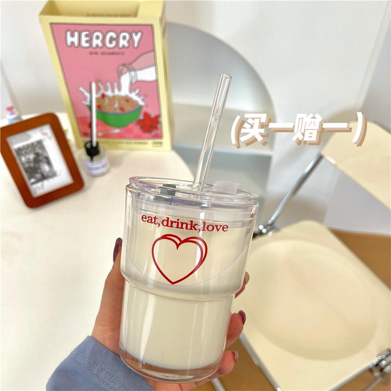 自帶吸管杯一體式玻璃少女心玻璃杯可愛吸管水杯果汁早餐杯帶蓋